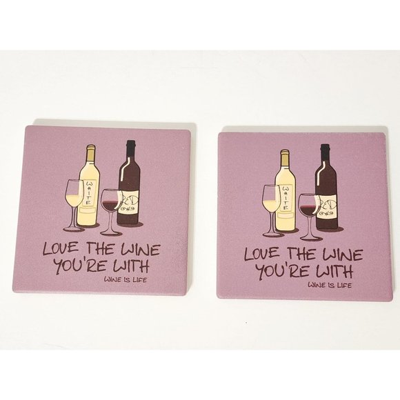 Set of 2 LOVE THE WINE YOUR WITH Wine Is Life Coasters Bar Home F8WX004 - Picture 1 of 5